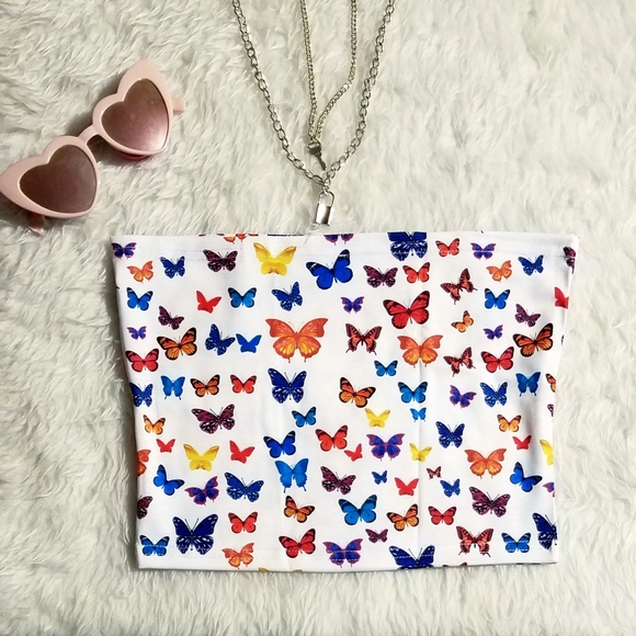 Butterfly Print Tube Top Crop Y2K 90s Insp - Picture 9 of 12